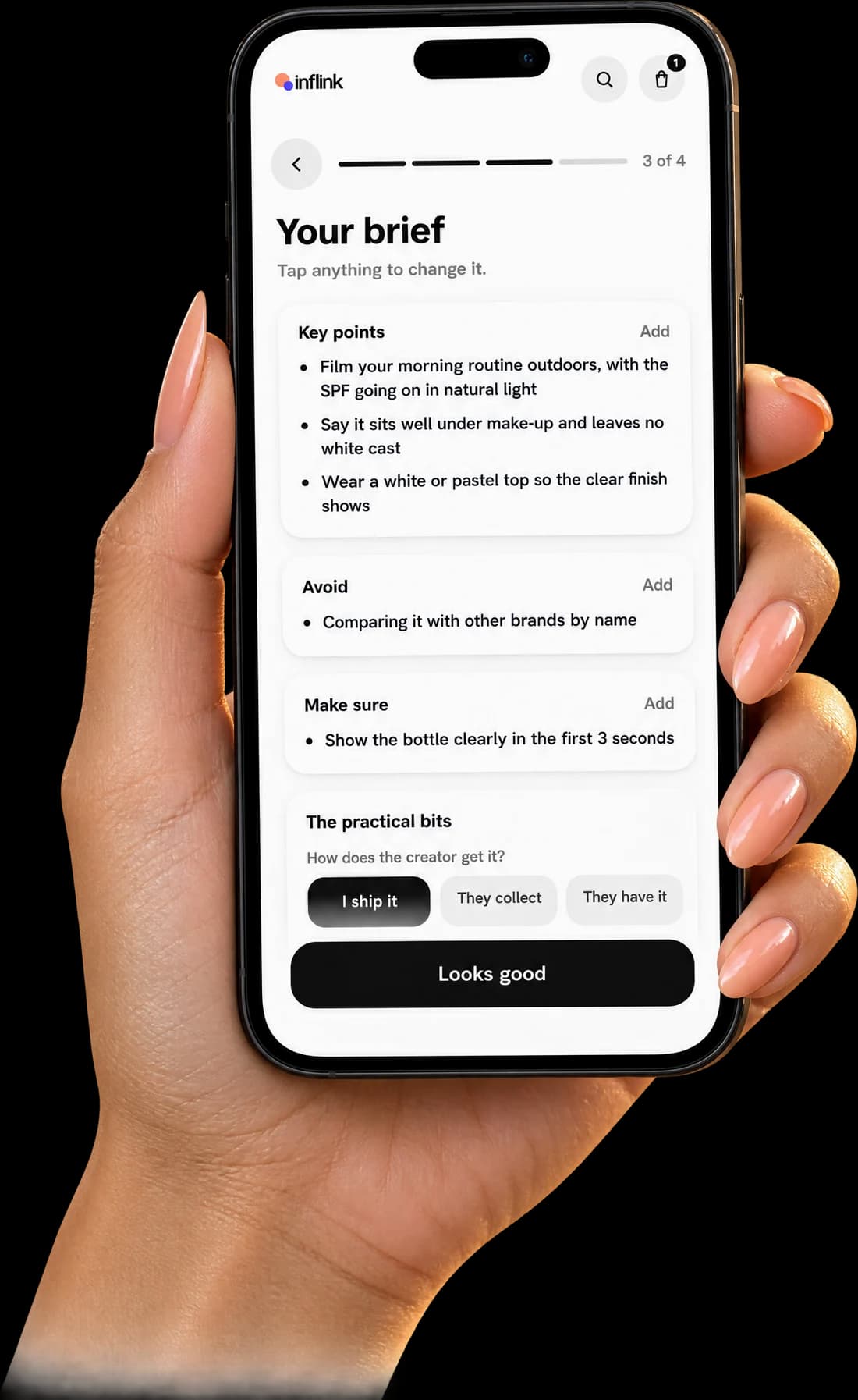 A phone showing a written brief on Inflink