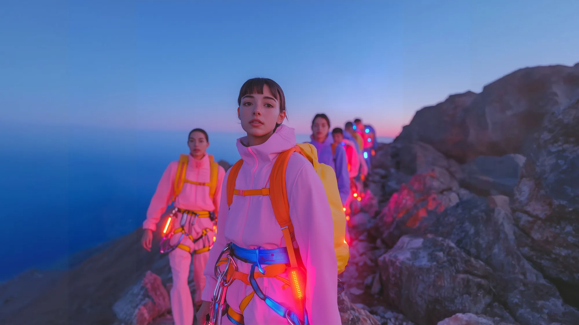 A travel creator filming themselves at a scenic overlook.